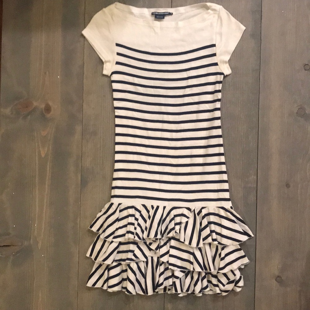 Navy Striped ruffle hem dress!
